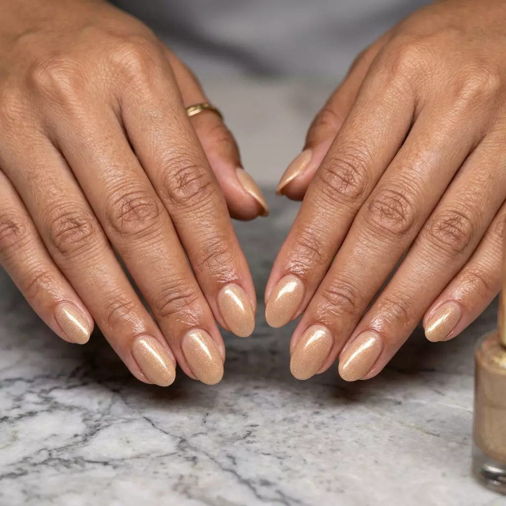 Warm Beige Shimmer Oval Summer Nails 2026 Warm beige shimmer oval summer nails 2026 for all skin tones, perfect for daily wear and summer vacation.