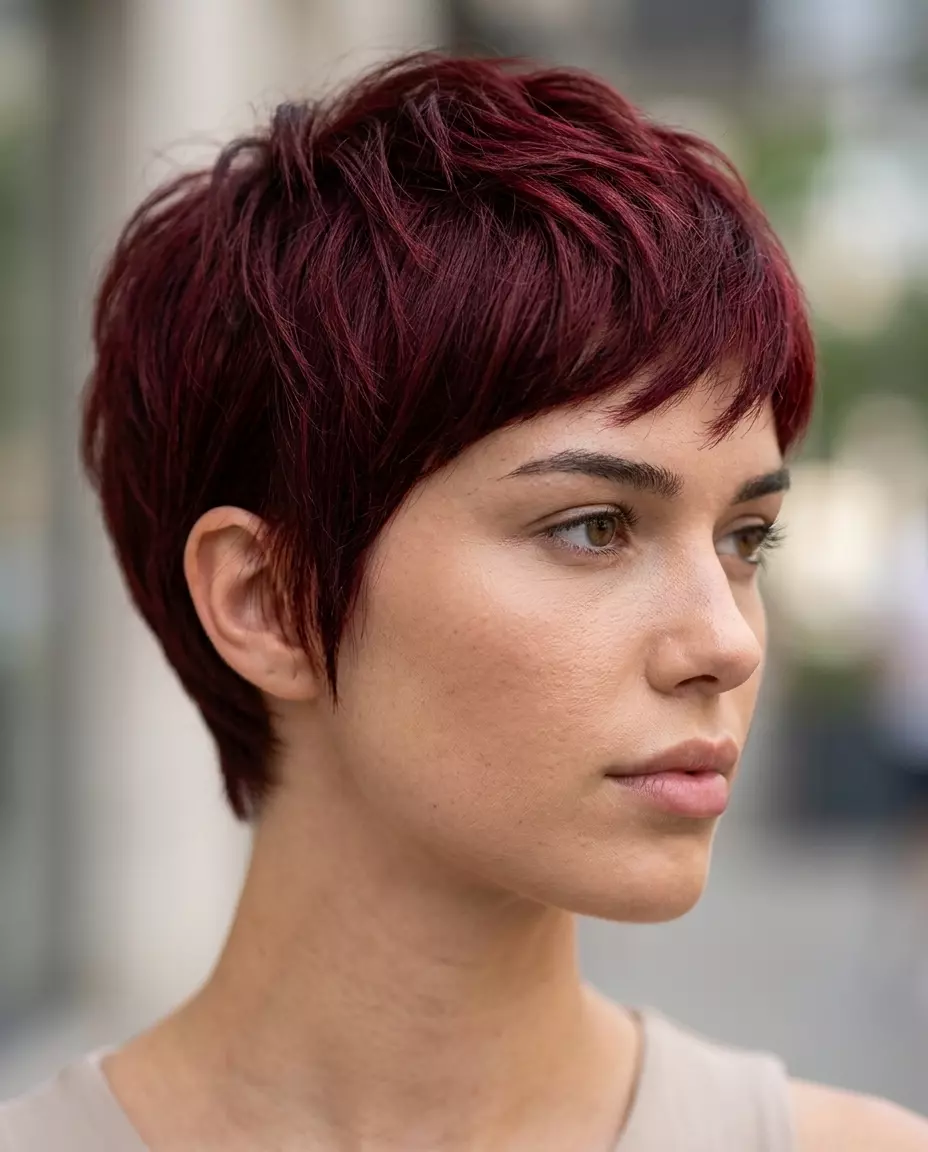 long oxblood brunette with violet-red undertones, monochromatic, no fringe &mdash; bold