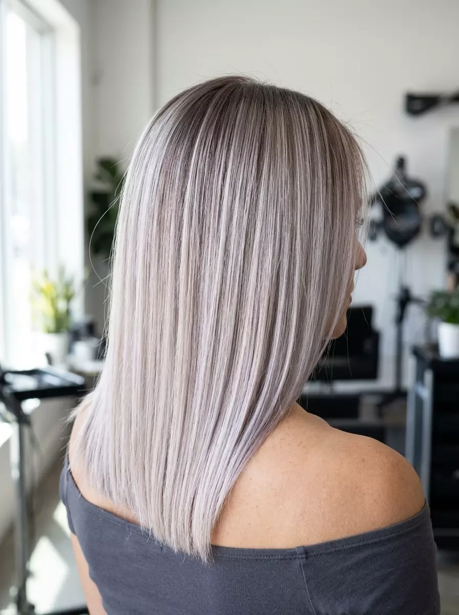 long shag haircut with oyster blonde, color melt, edgy sophistication