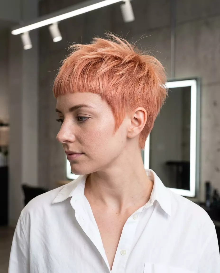 short pixie haircut with pastel copper color, geometric lines, micro-fringe &mdash; edgy artistic