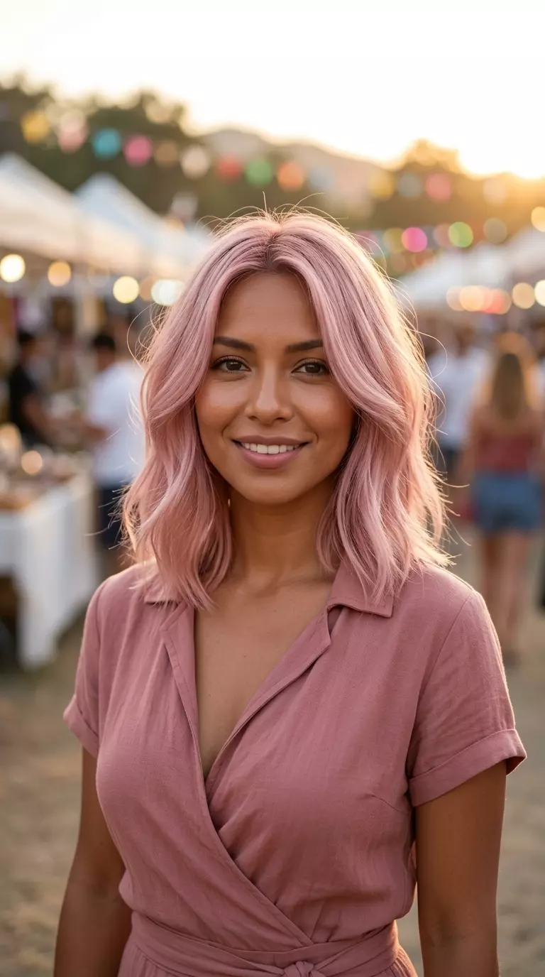 collarbone-length layered lob haircut in soft pastel pink with face-framing layers for playful look