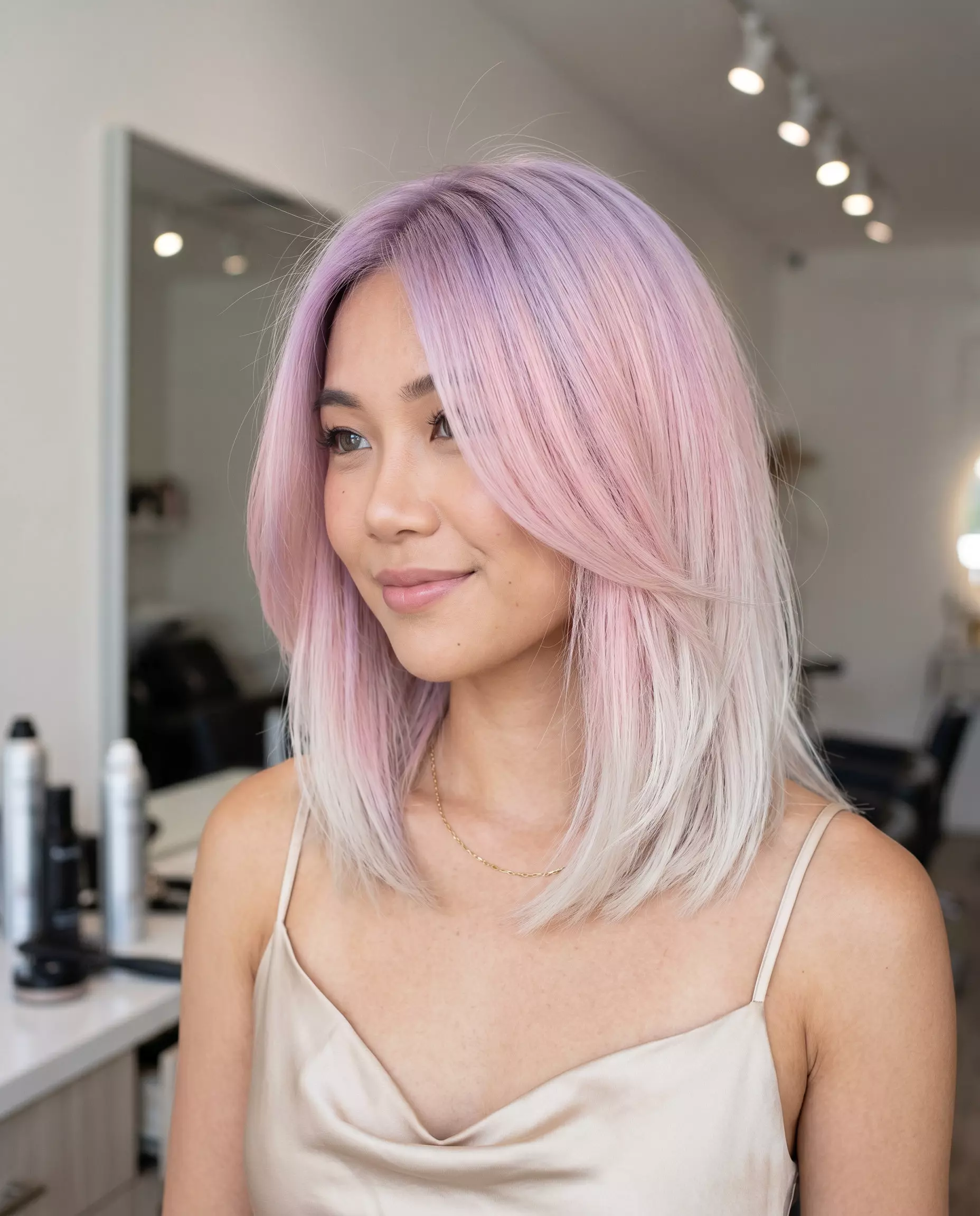 shoulder-length pastel lavender to pink ombre with blunt cut and face-framing pieces for summer