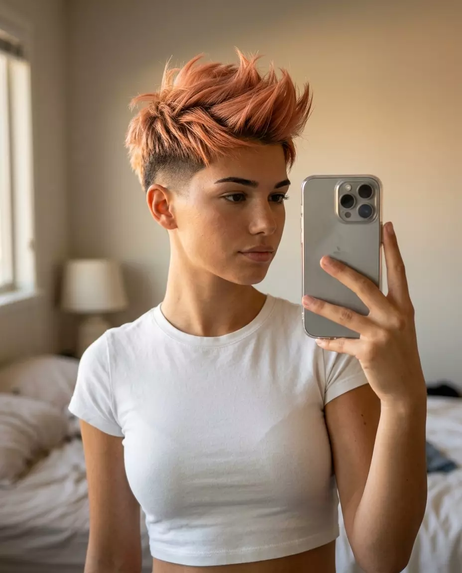 short pixie haircut with peach fuzz copper color, undercut, spiky texture &mdash; bold alternative