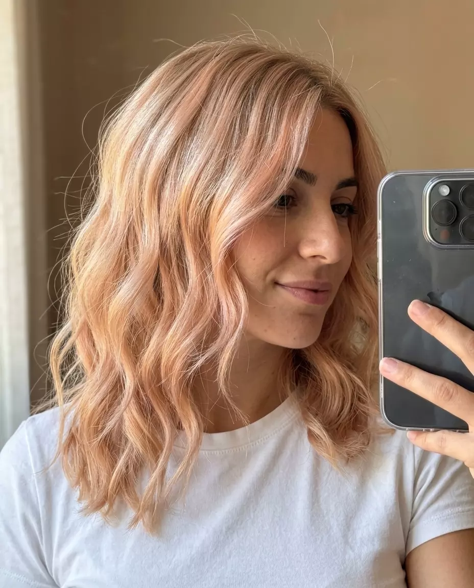 long kitty cut peach fuzz balayage with sheer apricot & pale blonde, diluted gloss &mdash; dreamy daytime outing