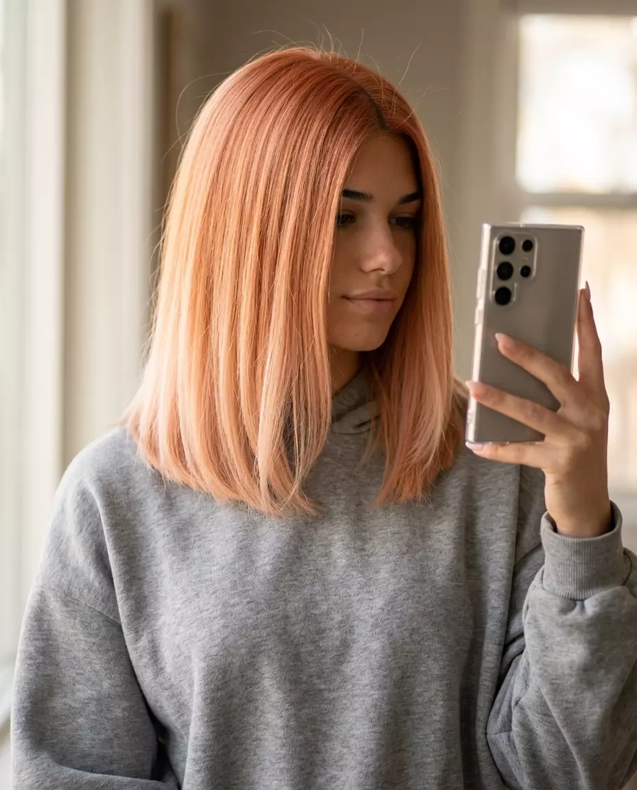chin-length peach fuzz ombre with peachy copper base, pastel peach ends, and blunt cut for casual