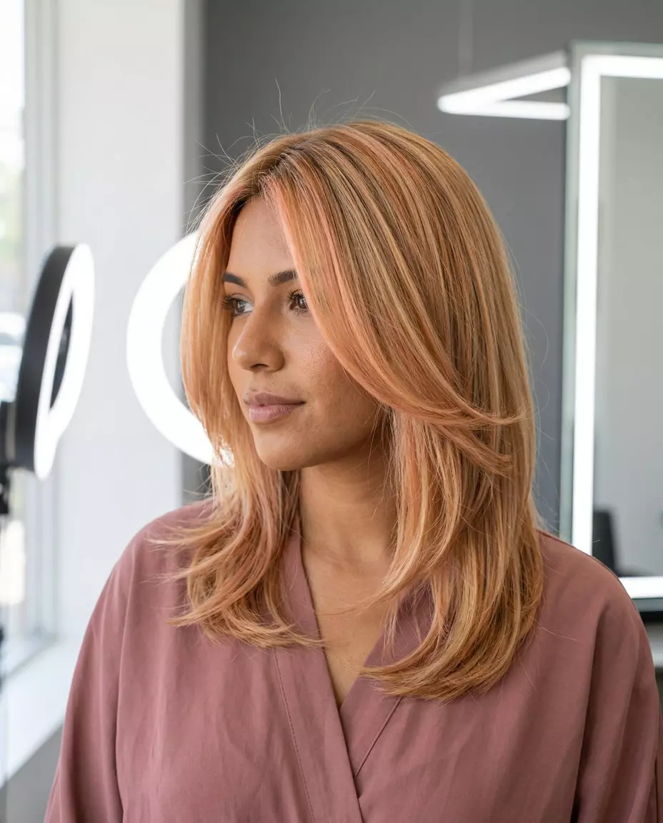long peach fuzz color melt with apricot lowlights and golden blonde base for summer 2026