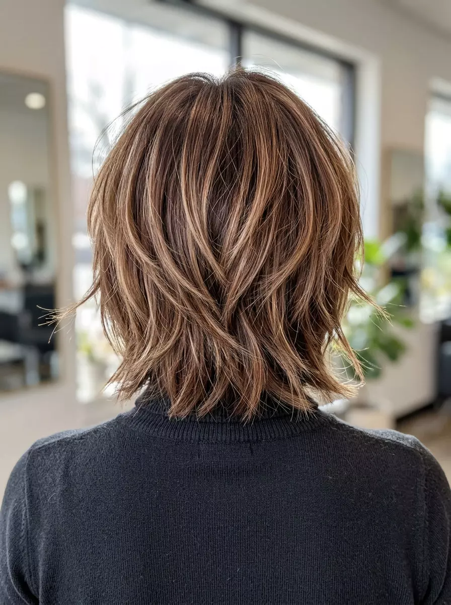 shoulder-length pecan pie bronde shag haircut with choppy layers and curtain bangs for summer