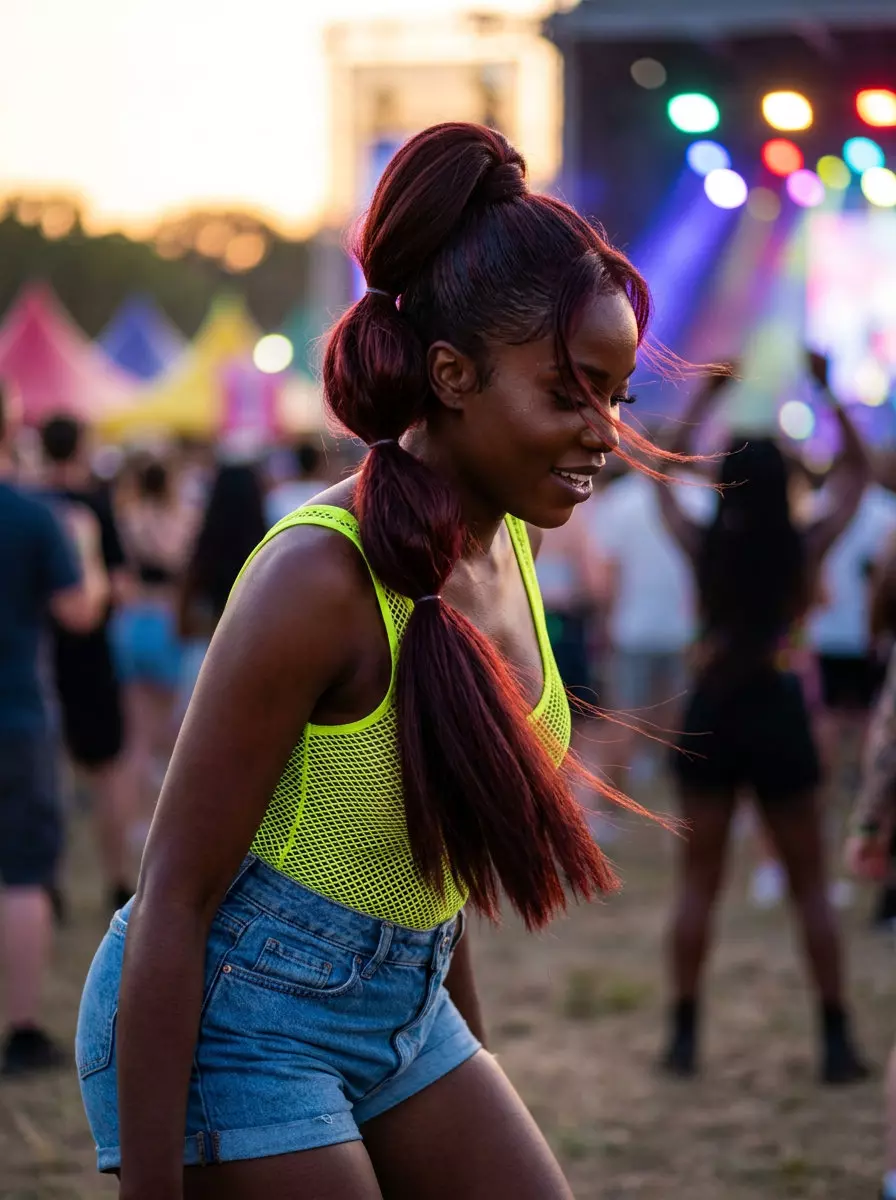 long fashion-color bubble ponytail with electric pink, no fringe &mdash; bold festival outing