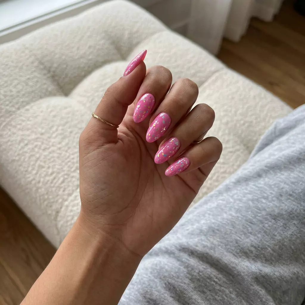 Barbie Pink Confetti Foil Nails 2026 | Party Glam Barbie pink confetti foil nails for festivals and summer parties. Glamorous and vibrant pink summer nails 2026.
