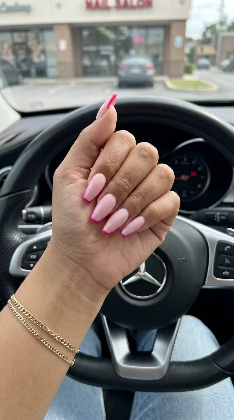 Barbie Pink Reverse French Nails 2026: Sophisticated Style Barbie Pink Reverse French nails for formal events. Pink summer nails 2026.