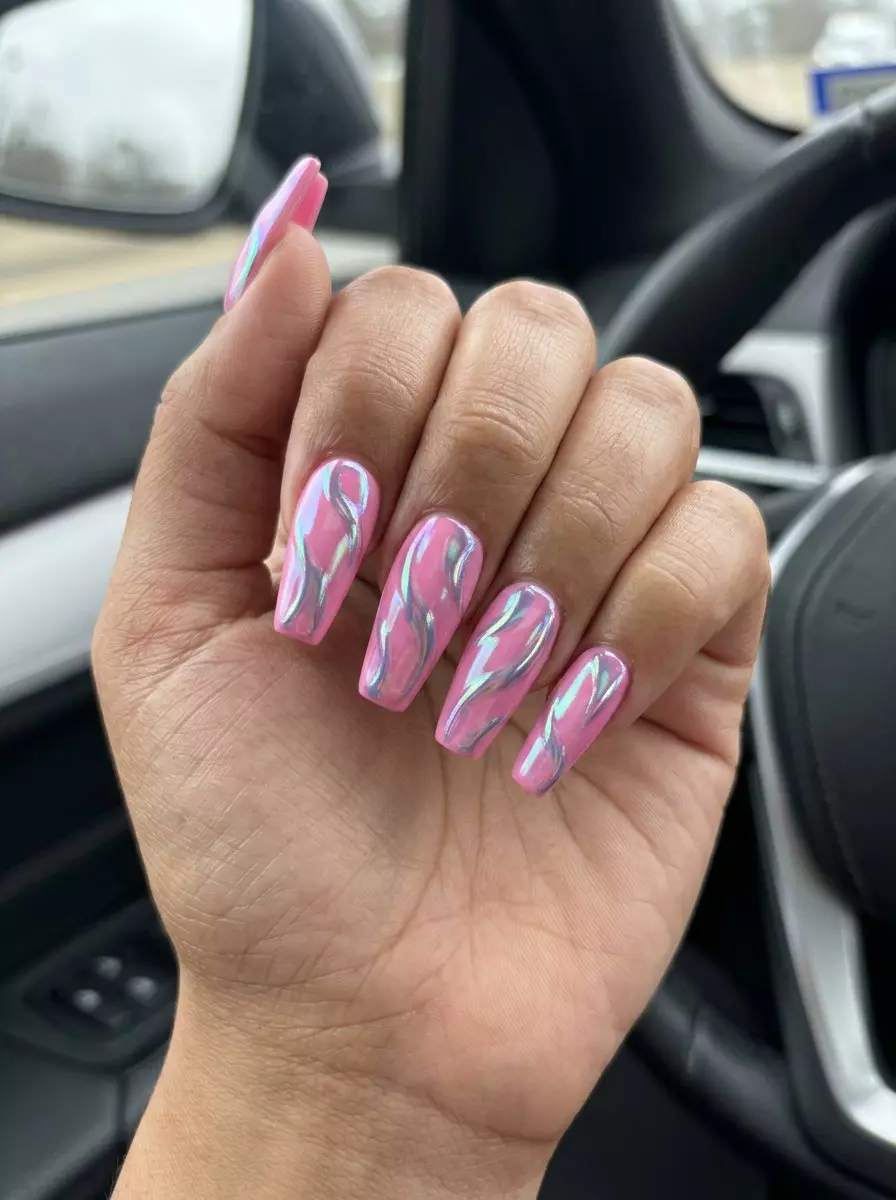 Bubblegum Chrome Swirl Nails 2026 | Festival Style Bubblegum pink chrome swirl nails for festivals and summer vacation. Playful and edgy pink summer nails 2026.