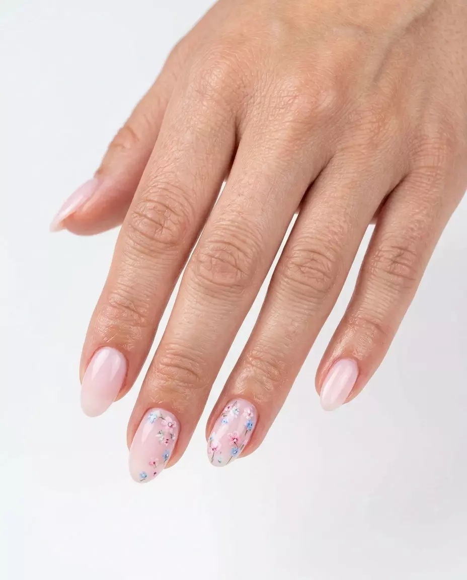 Floral Milk Bath Nails 2026: Romantic & Whimsical Milky Light Pink Floral Decal nails for weddings. Pink summer nails 2026.