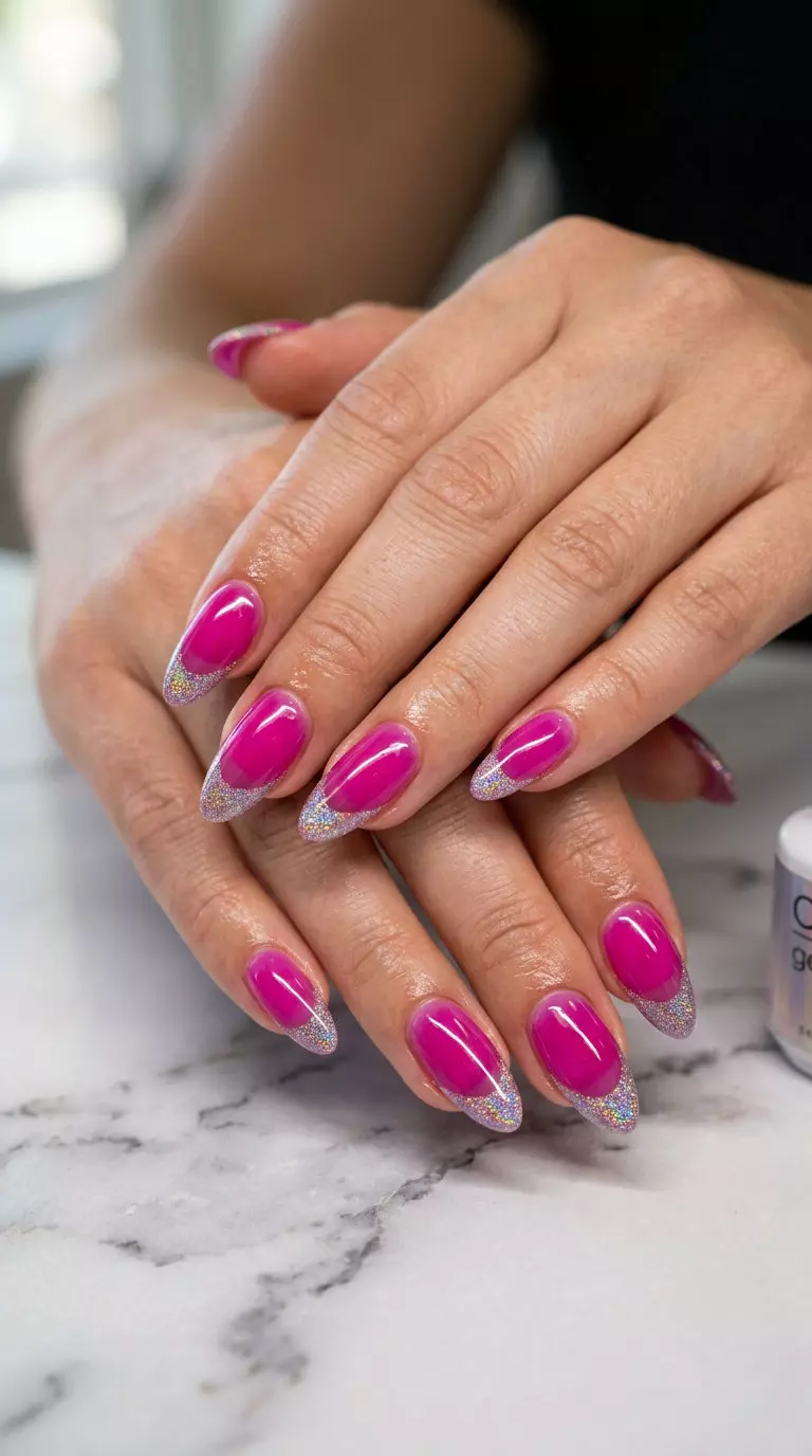 Fuchsia Jelly Glitter Tip Nails 2026 | Edgy Glam Fuchsia jelly glitter tip nails for festivals and night outs. Edgy and bold pink summer nails 2026.