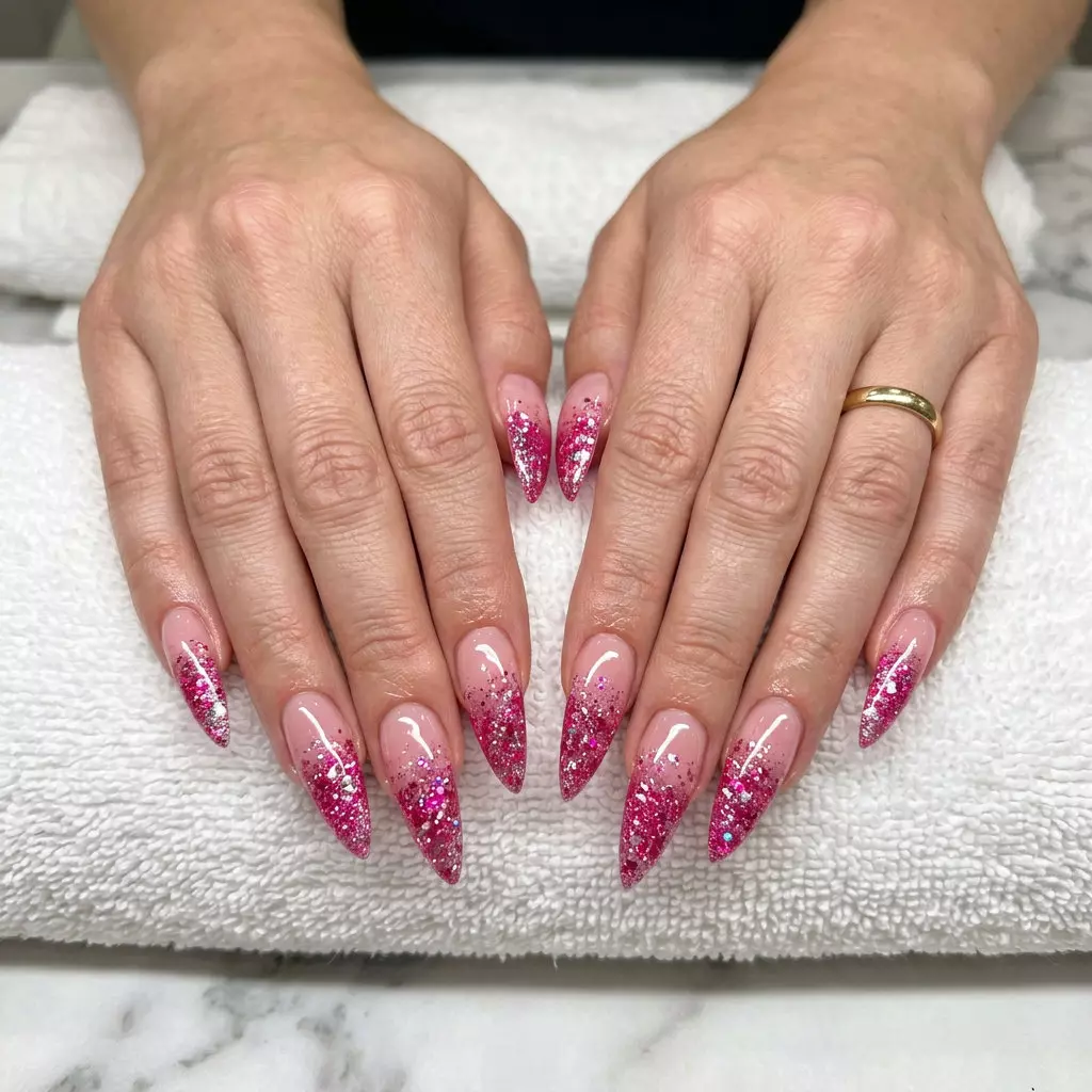 Hot Pink Glitter Nails 2026: Party & Festival Style Hot Pink Glitter Ombre Cascade nails for parties and festivals. Pink summer nails 2026.
