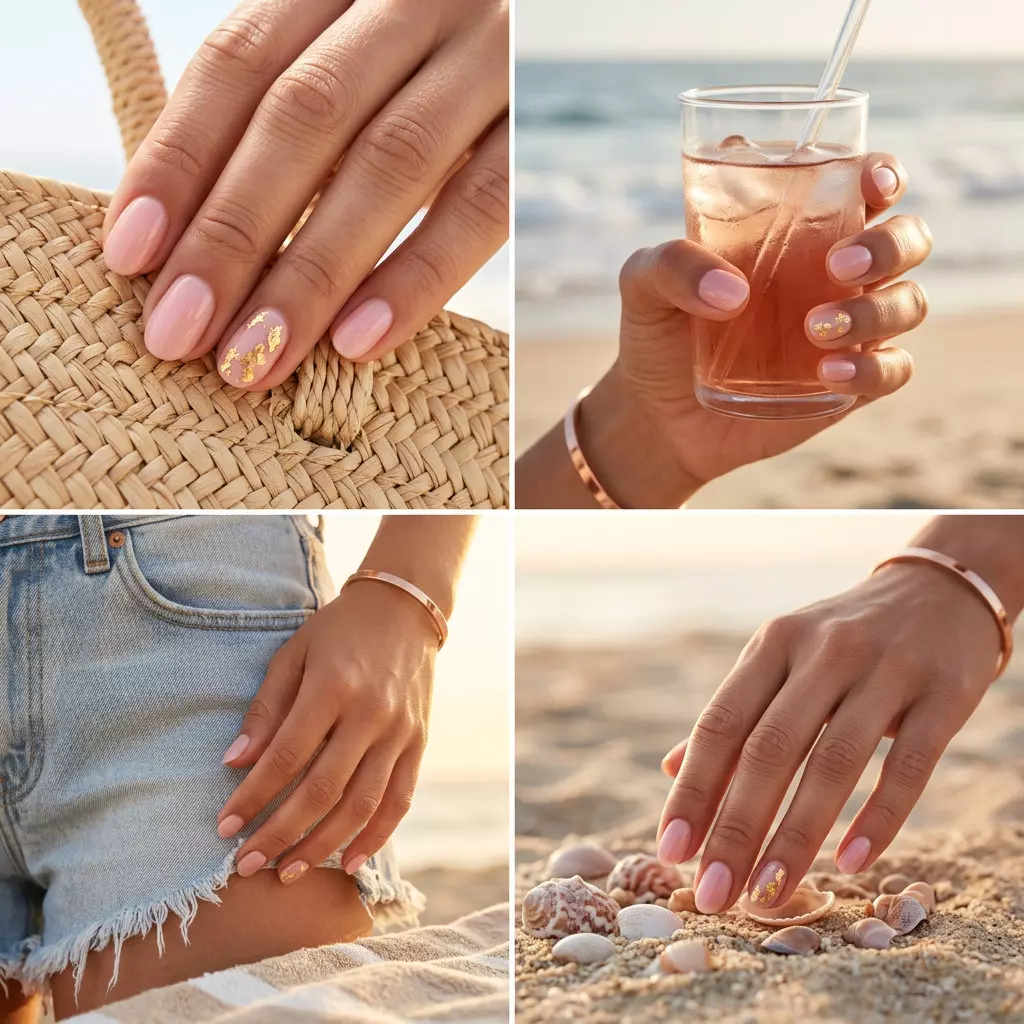 Rose Gold Leaf Nails 2026: Elegant & Romantic Sheer Rose Gold Leaf Almond nails for weddings. Pink summer nails 2026.