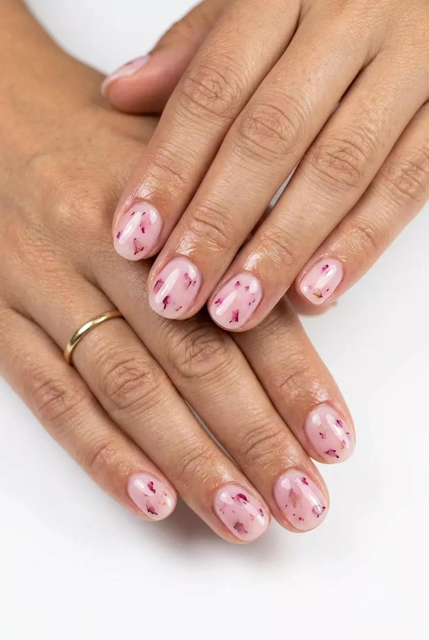 Rose Milk Bath Nails 2026: Dreamy & Feminine Sheer Rose Milk Bath nails with petals for weddings. Pink summer nails 2026.