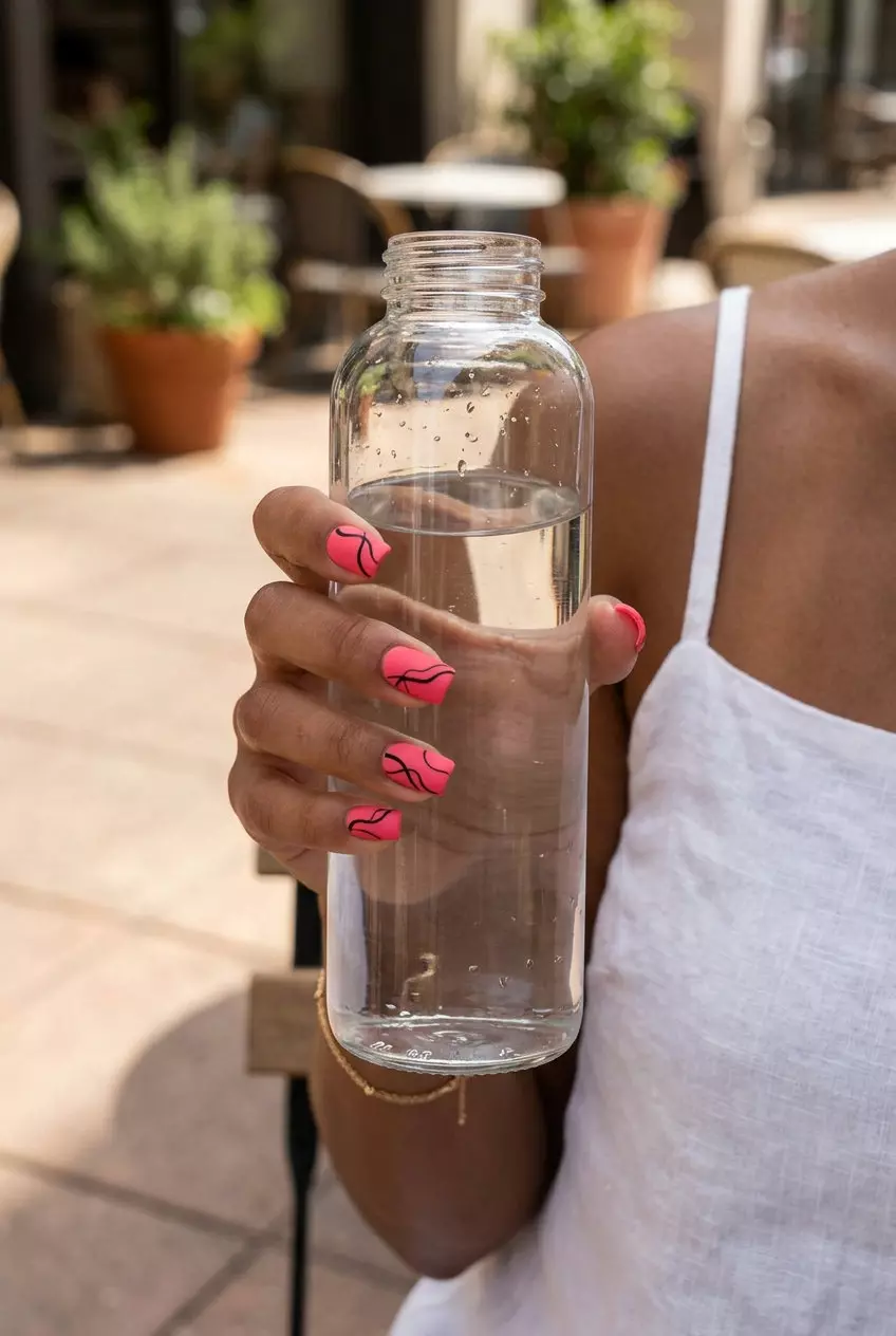 Watermelon Pink Graphic Nails 2026: Modern & Chic Matte Watermelon Pink Graphic Lines nails for daily wear. Pink summer nails 2026.