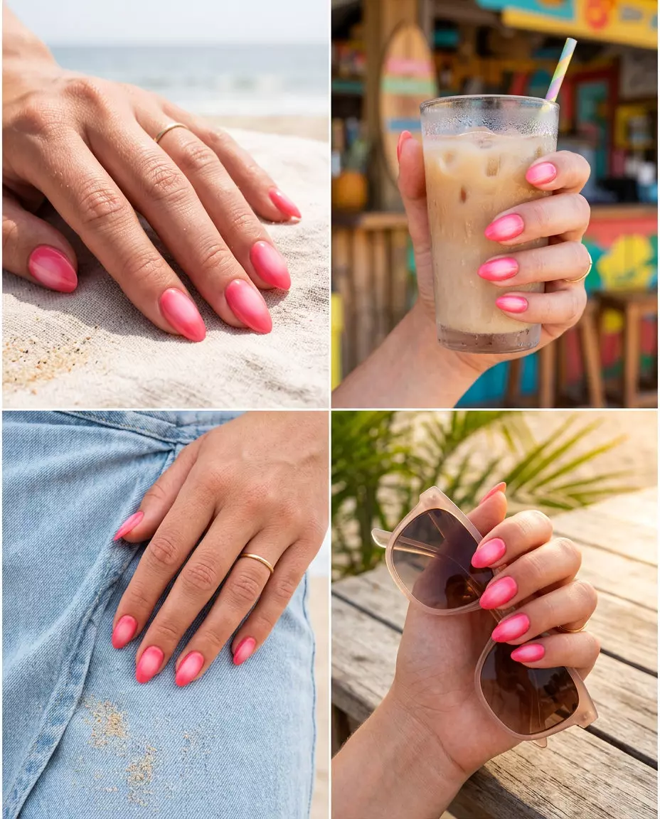 Watermelon Pink Aura Nails 2026 | Romantic Style Watermelon pink aura nails for weddings and romantic dates. Romantic and ethereal pink summer nails 2026.