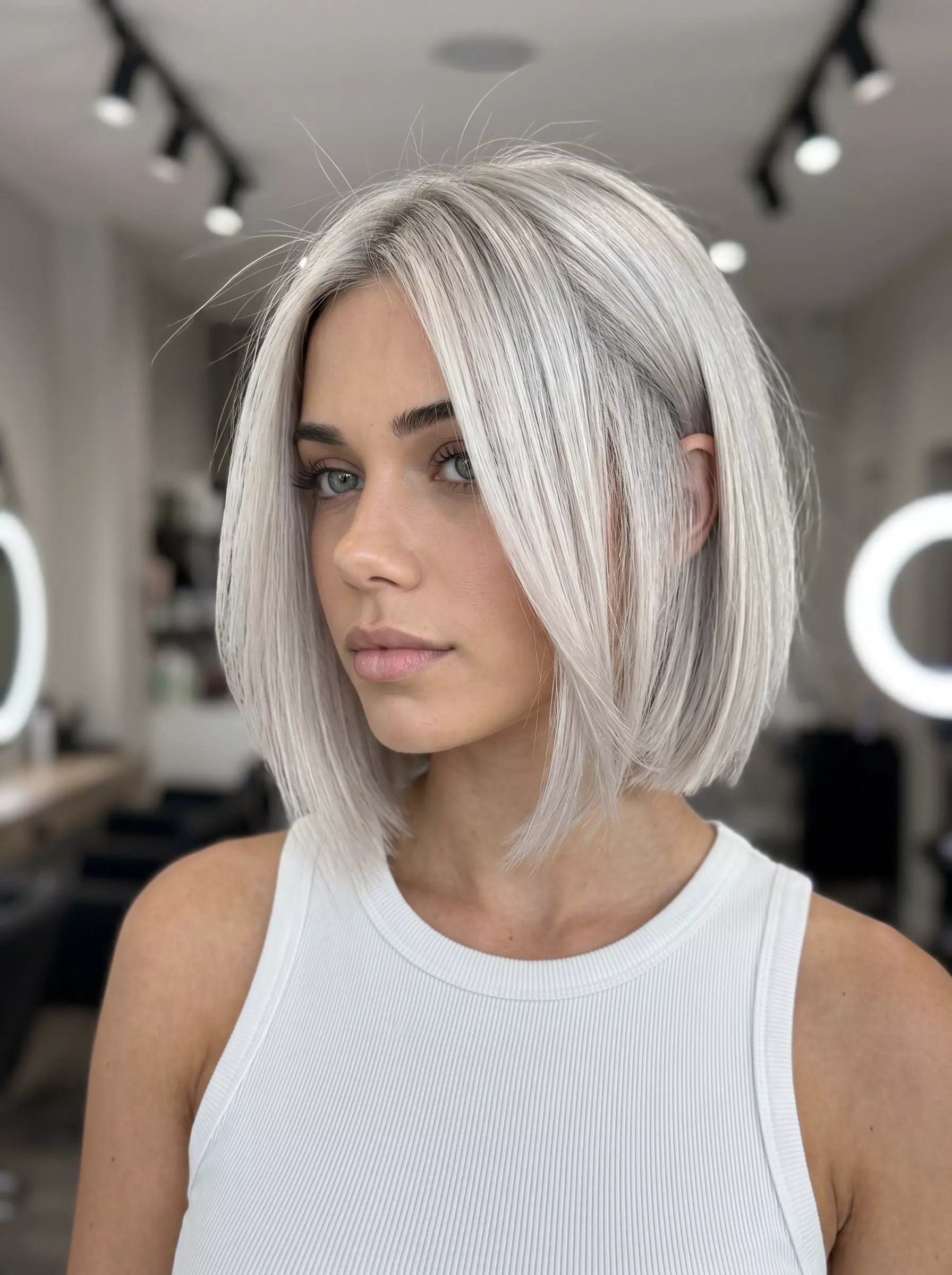 chin-length platinum blonde asymmetrical bob with undercut, sharp razor cut, for night out