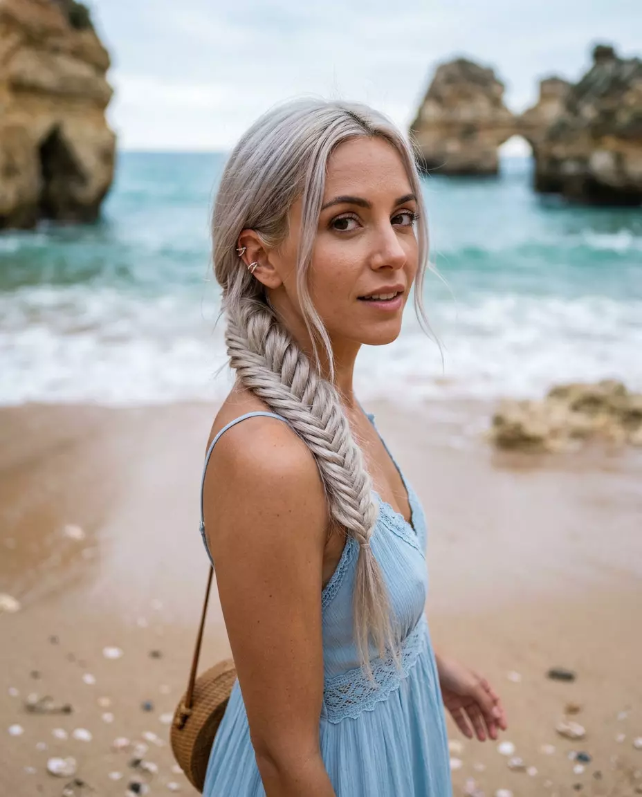 Boho Fishtail Braid: Romantic Summer Hairstyle 2026 long boho fishtail braid with cool platinum blonde and silver undertones for summer