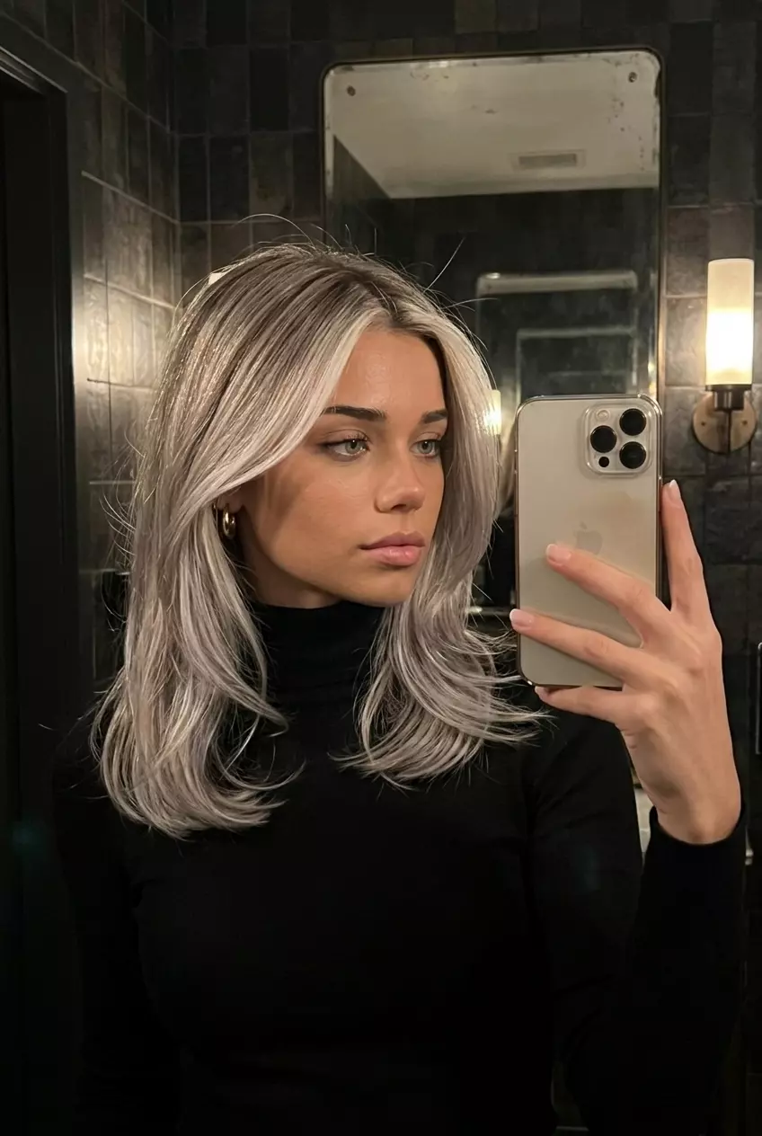 long platinum blonde money piece balayage with ash blonde, dramatic, for fashion events