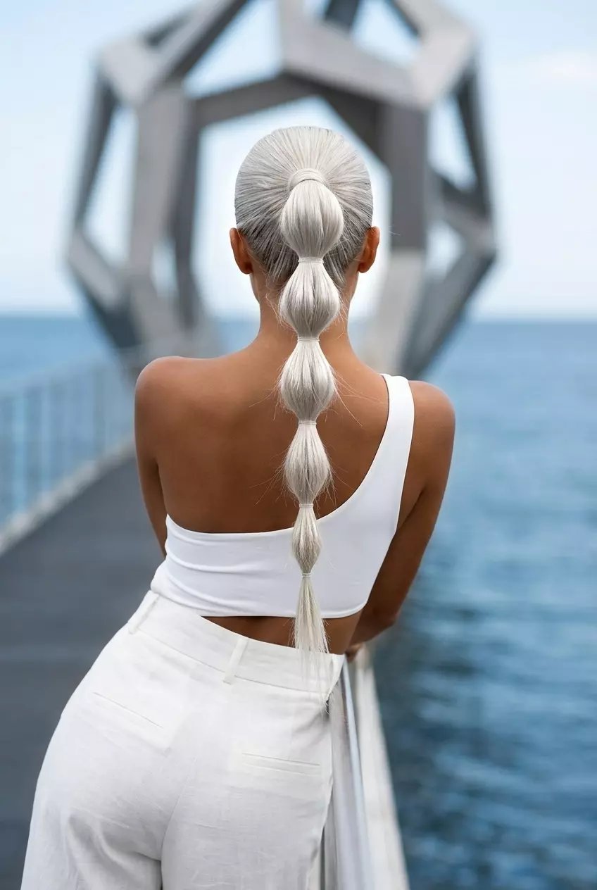 long platinum blonde futuristic bubble ponytail with cool silver tones for summer