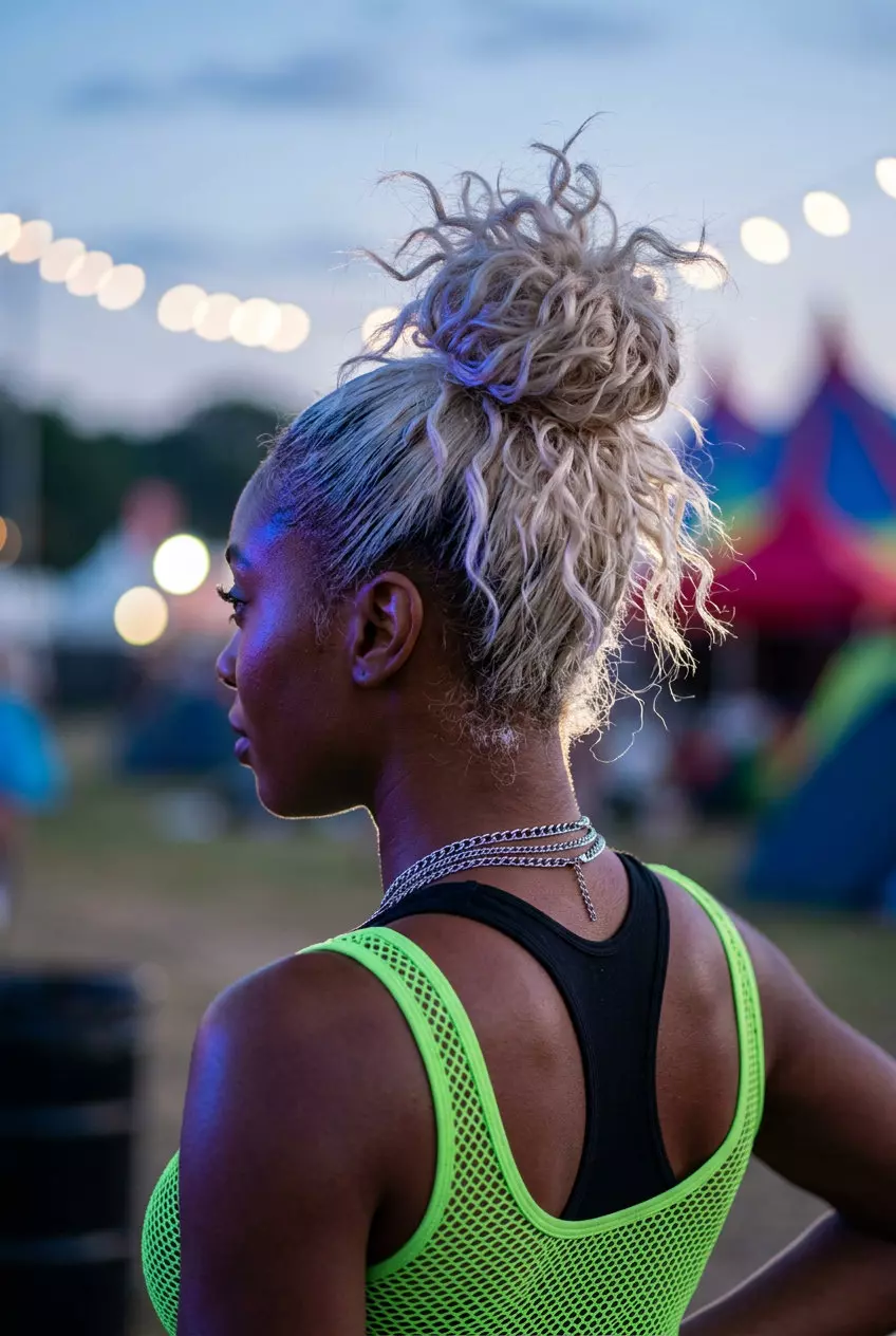 medium curly hair updo with platinum blonde, razored layers, spiky texture &mdash; edgy Y2K festival style