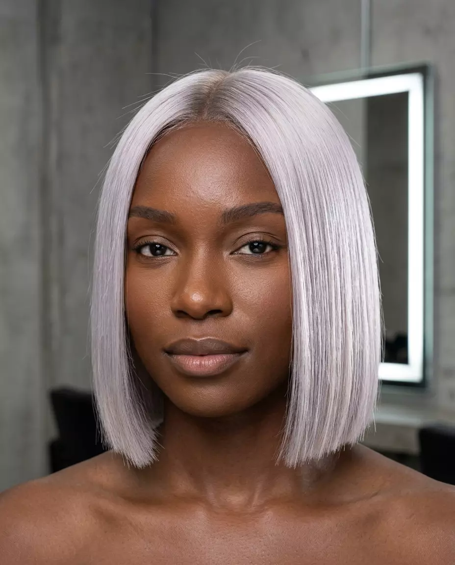 short platinum blonde bob haircut with violet-silver tone, blunt cut, no fringe &mdash; high-fashion gala