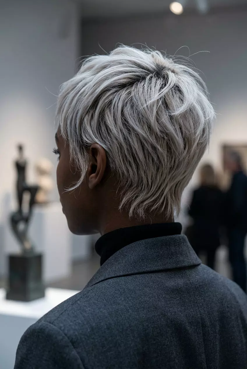 short platinum blonde pixie haircut with matte texture for edgy work