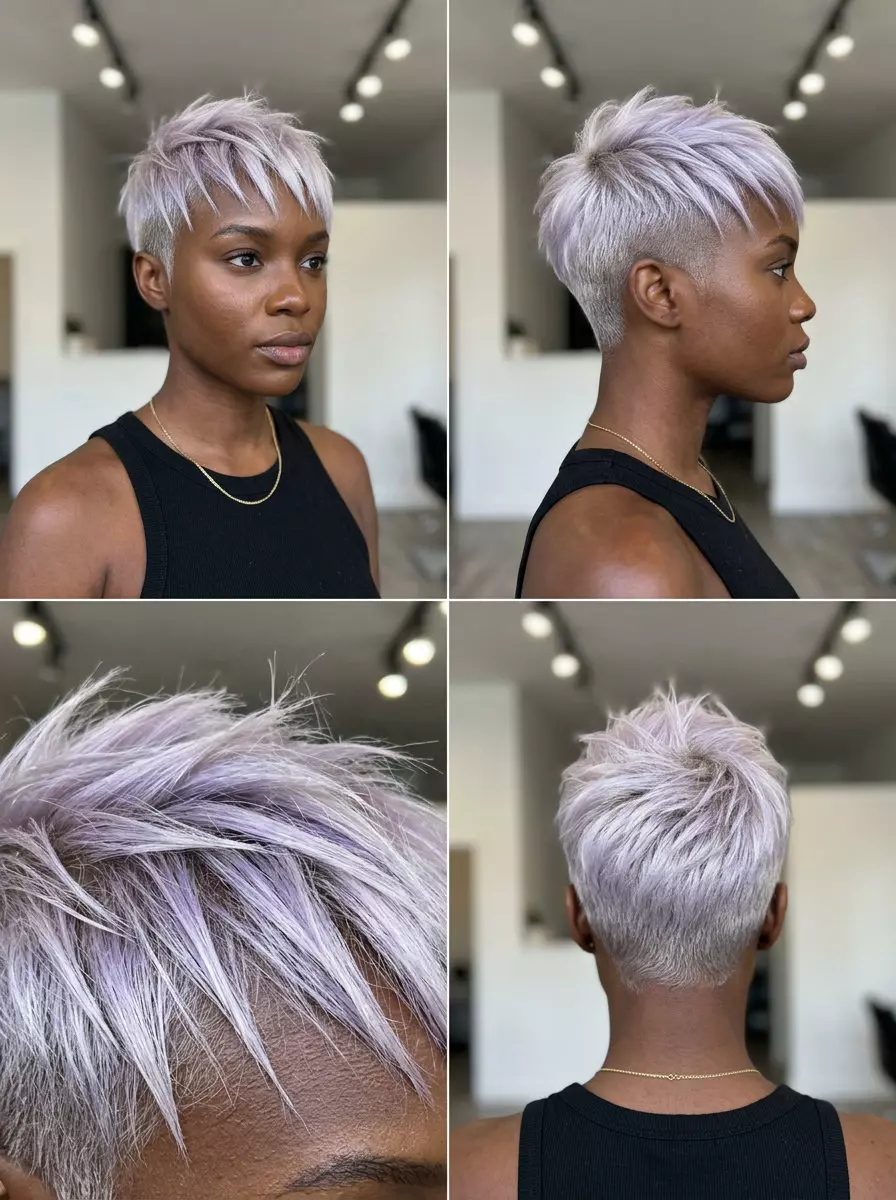short pixie haircut with icy platinum blonde color, razored shards, faded sides &mdash; edgy punk