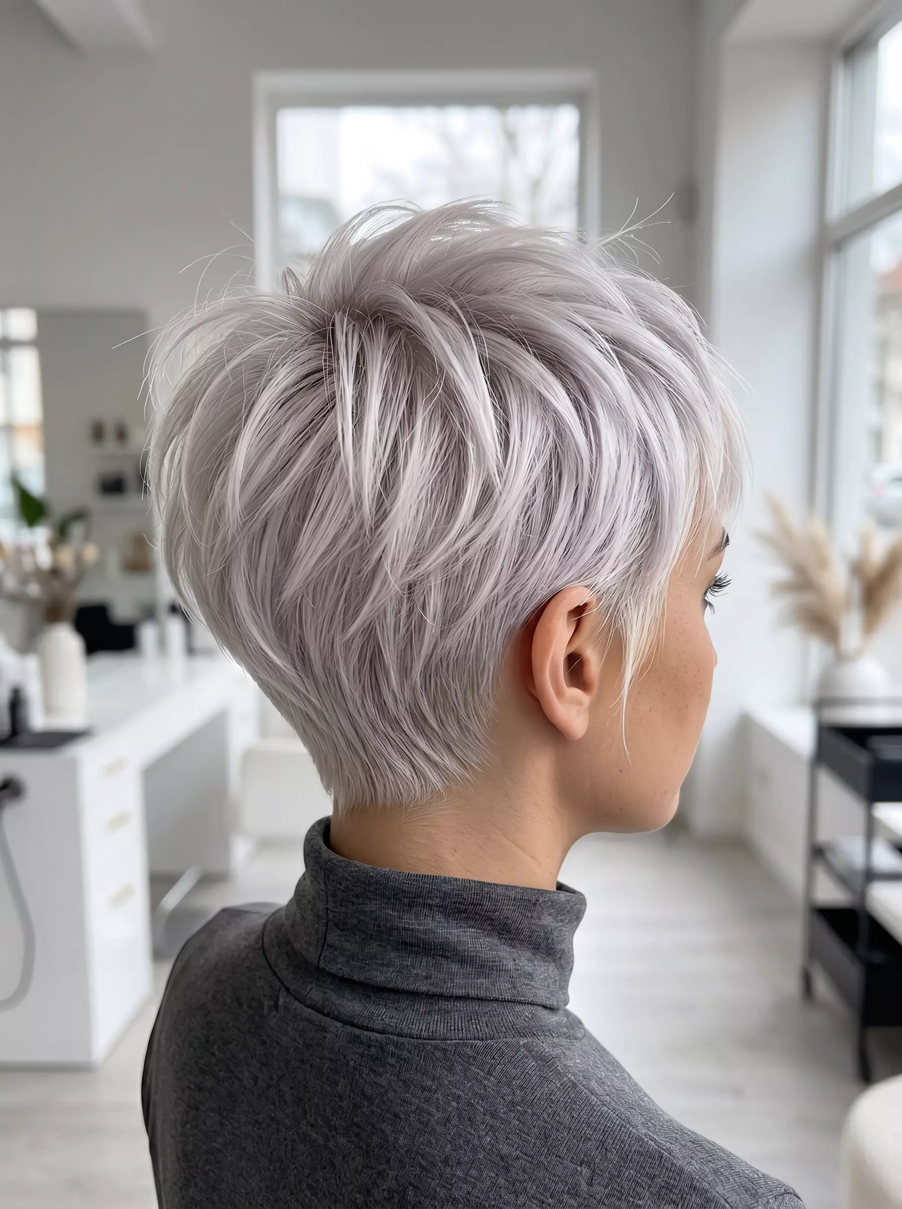 Platinum Blonde Pixie 2026: Scandi Sunlight short platinum blonde pixie with sun-bleached hairline, textured layers, no bangs — edgy modern style