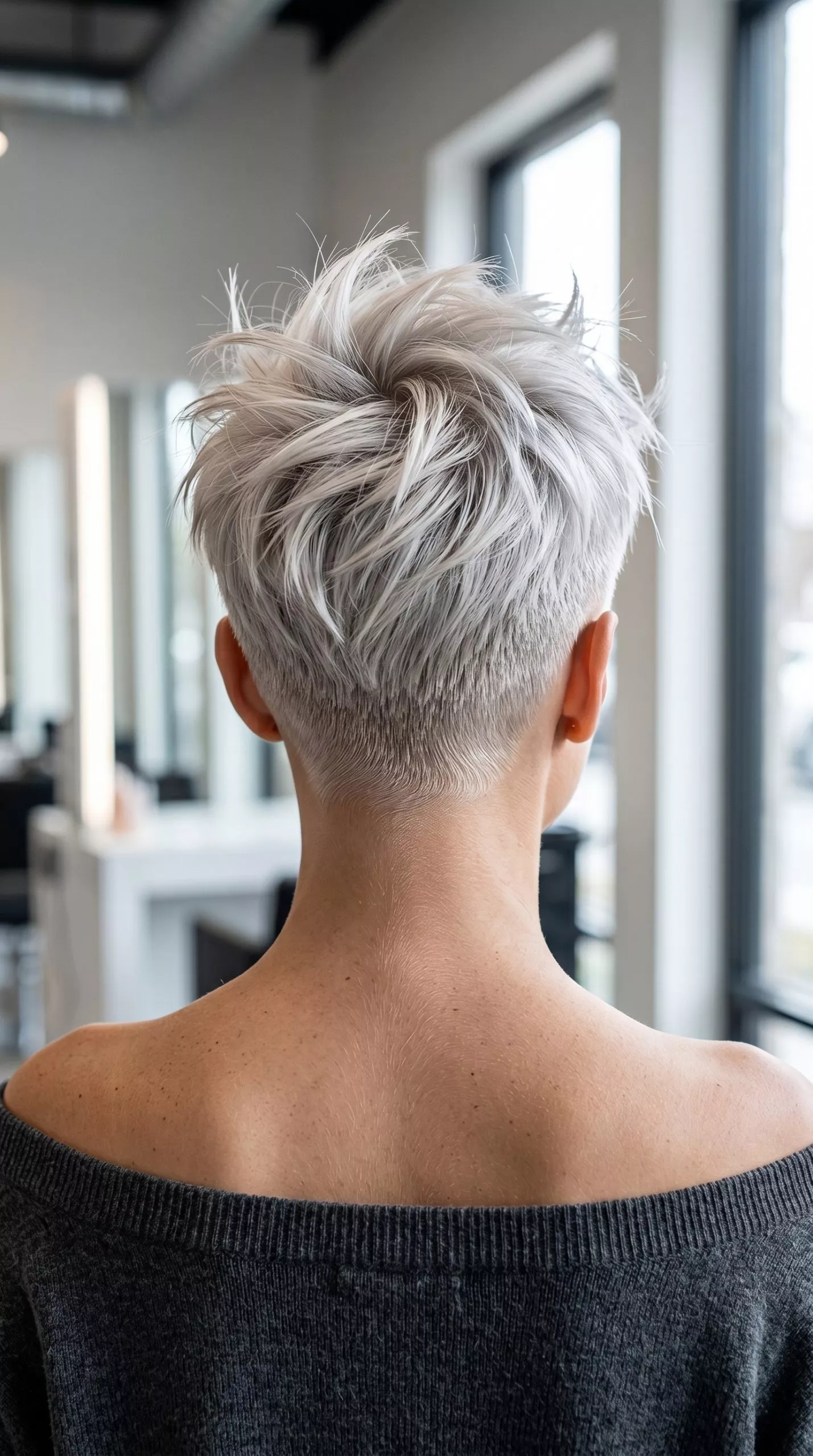 very short platinum blonde pixie cut with high fade, textured top, for edgy look