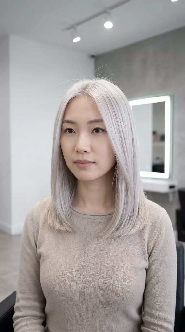 long icy platinum blonde with cool ash-violet babylights, softly layered, no fringe &mdash; minimalist professional style