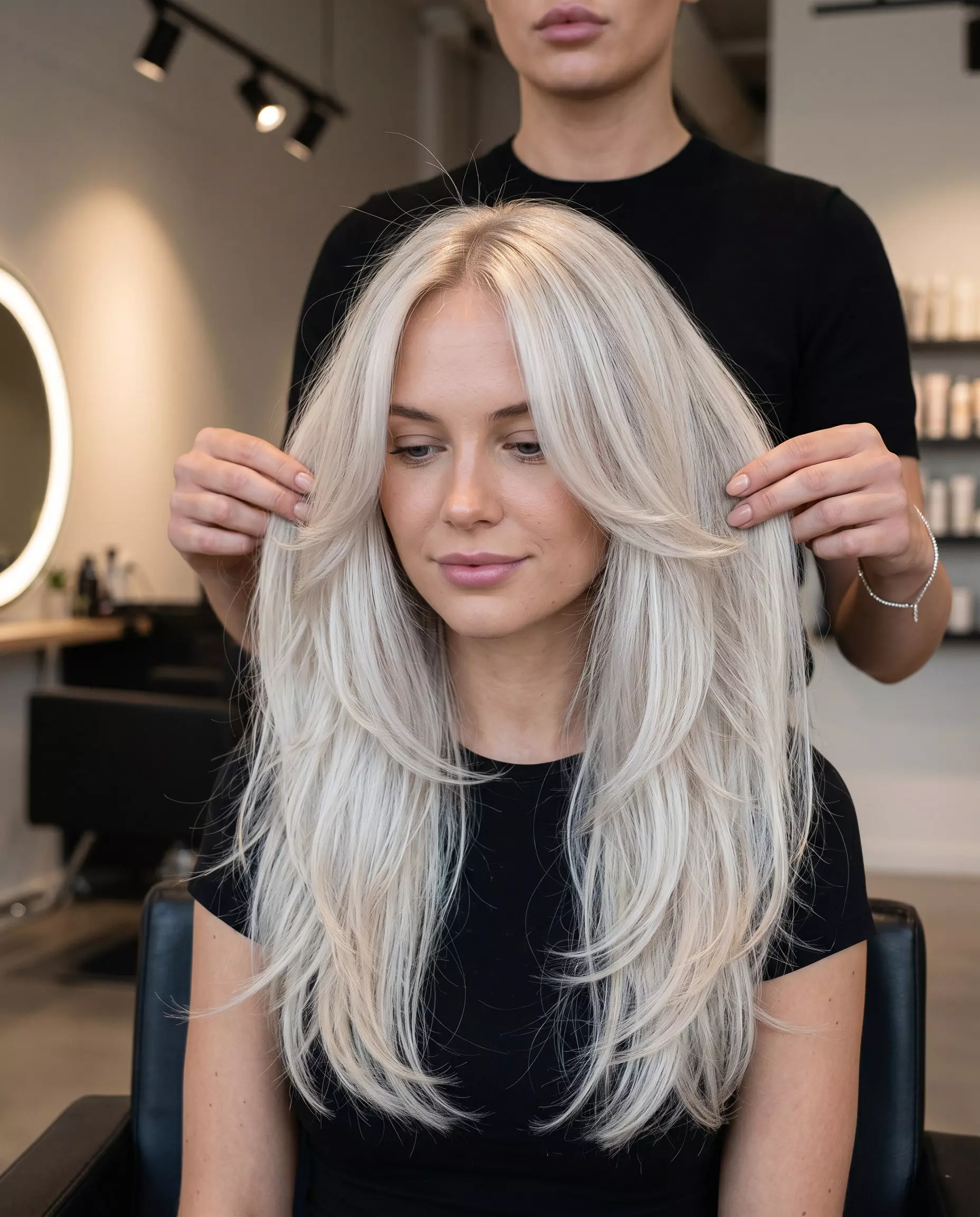 long butterfly cut in platinum blonde with silver undertones, face-framing layers, internal layering &mdash; glamorous summer hair