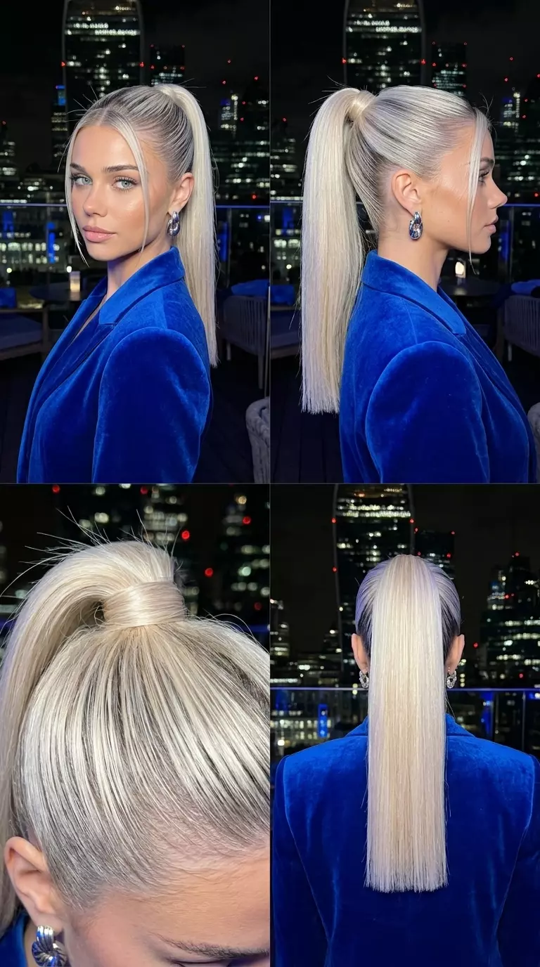 Platinum Blonde Sleek Ponytail 2026 long icy platinum blonde ponytail with cool root smudge and blunt cut for an edgy look