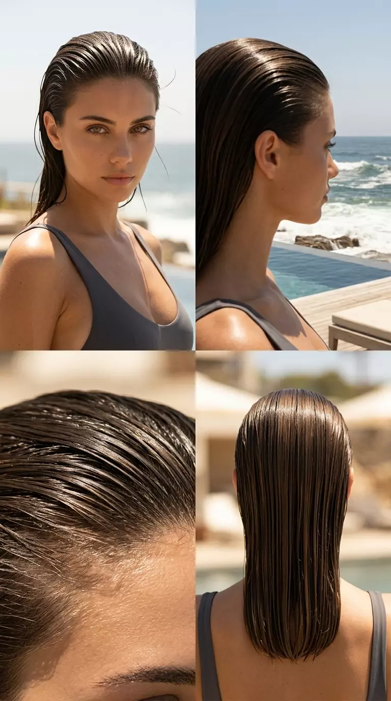 long platinum blonde slicked-back hair with ash roots and stark black for modern beach look