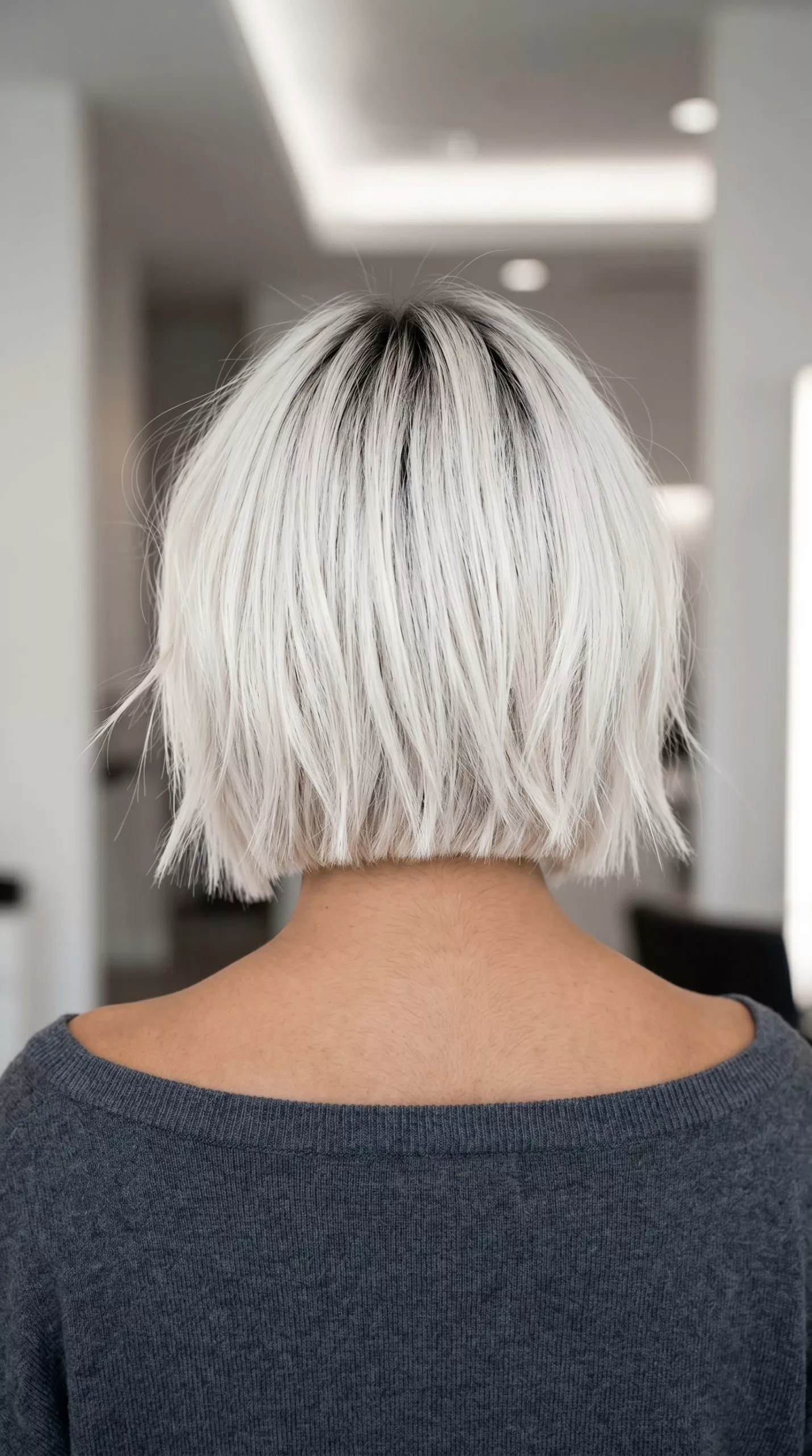 Platinum Razor Cut Bob: Edgy Summer Hair 2026 short bob haircut in platinum blonde with dark roots, razor cut texture and piecey ends for summer