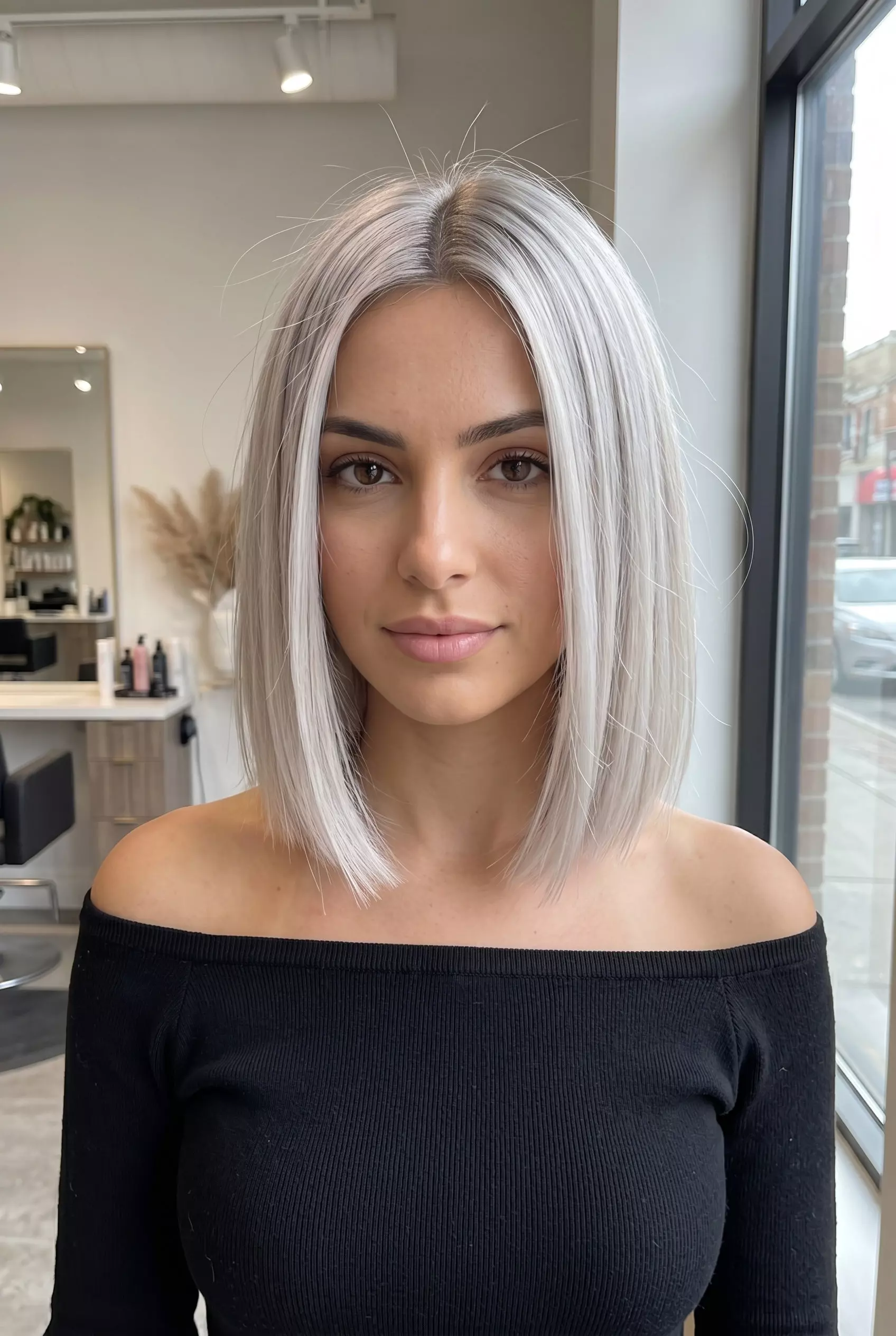 Platinum Razor Bob: Glam Summer Hair 2026 short bob haircut in platinum blonde with silver highlights and root smudge, razor cut edge and no bangs for summer