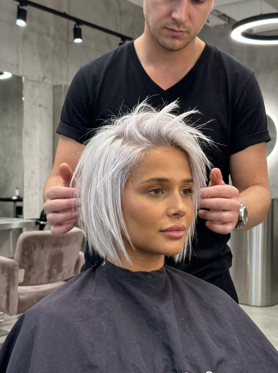 Platinum Spiky Bob 2026 short platinum bob haircut with icy silver tones, spiky texture, no fringe — edgy music festival