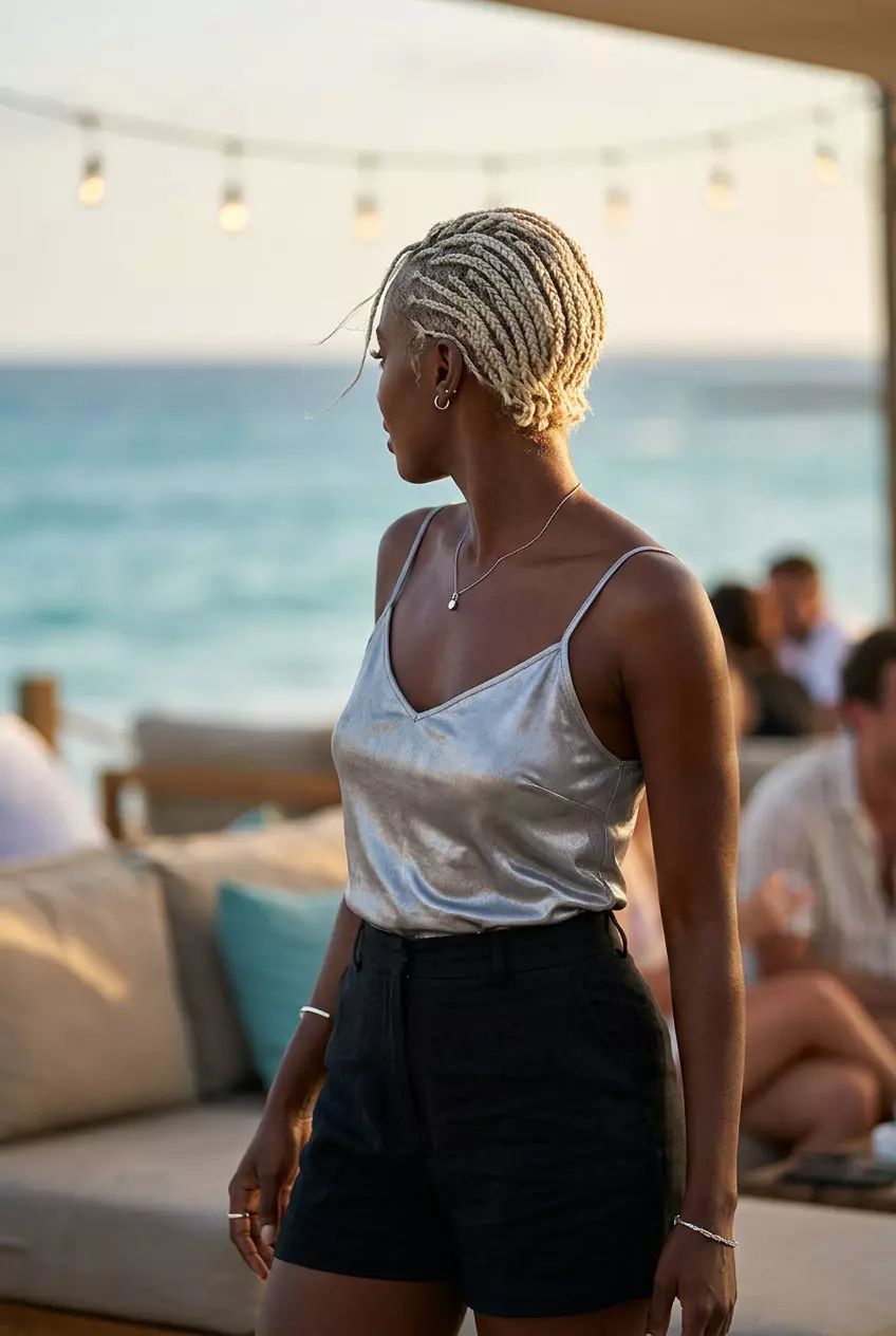 short braided pixie in icy platinum blonde for summer 2026