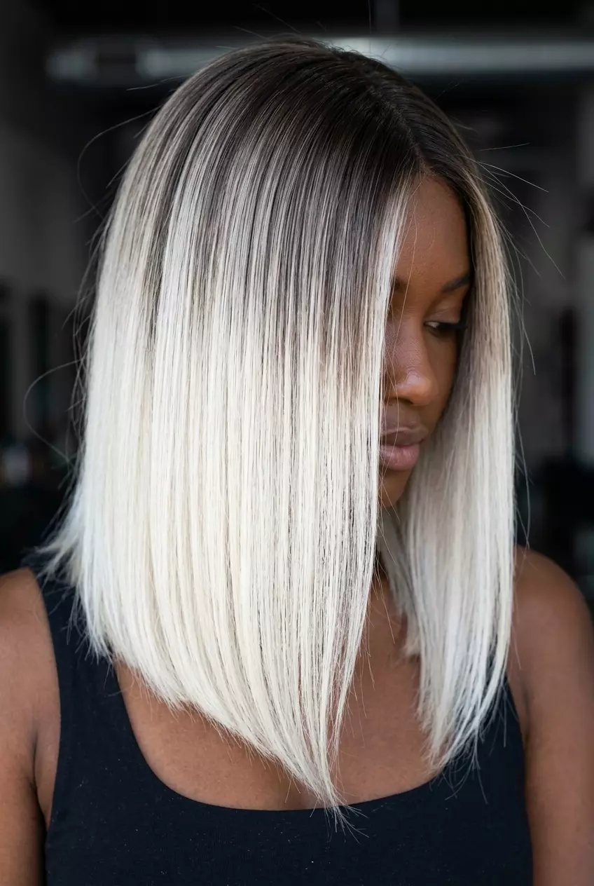 short platinum blonde dip-dye with cool white ends, graphic color block, no fringe &mdash; edgy festival look