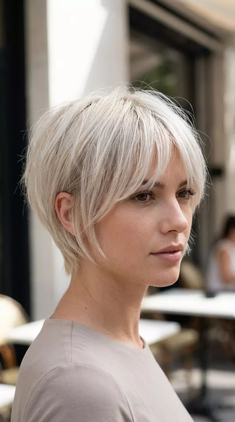 Platinum Pixie Shag Haircut 2026 short platinum pixie shag haircut with textured layers and bottleneck bangs for summer