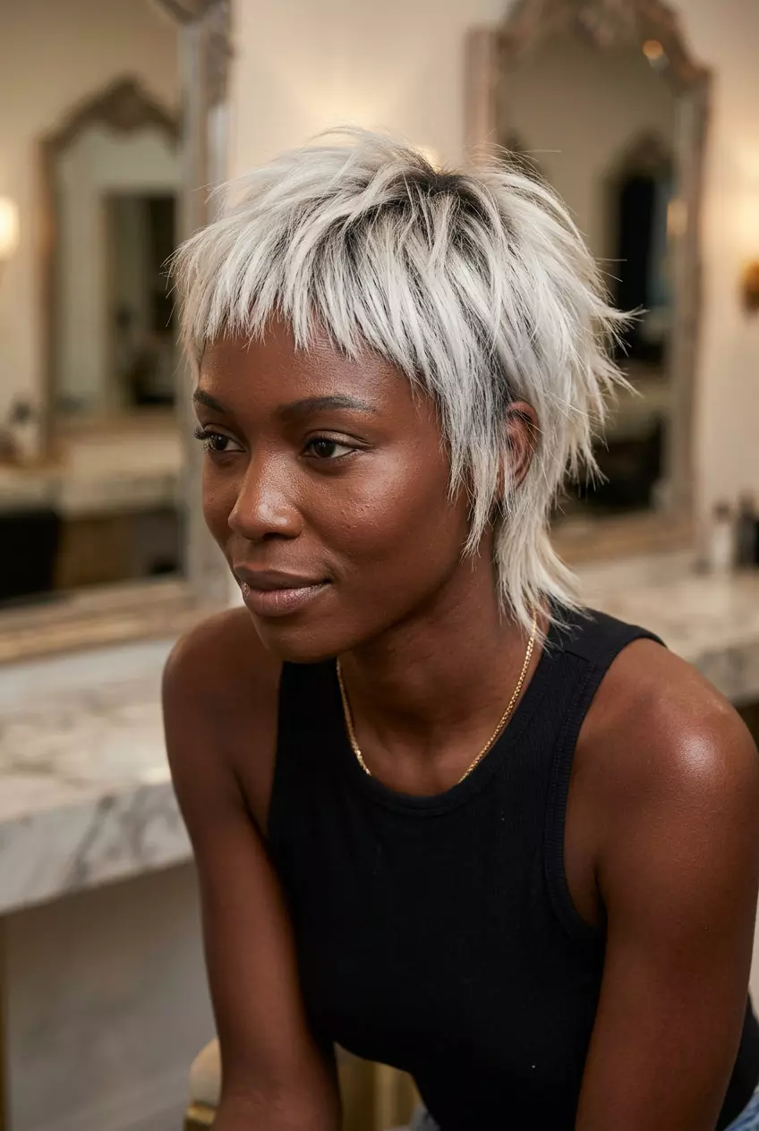 short platinum pixie haircut with charcoal root smudge, heavily textured disconnected layers, choppy micro-fringe &mdash; edgy summer
