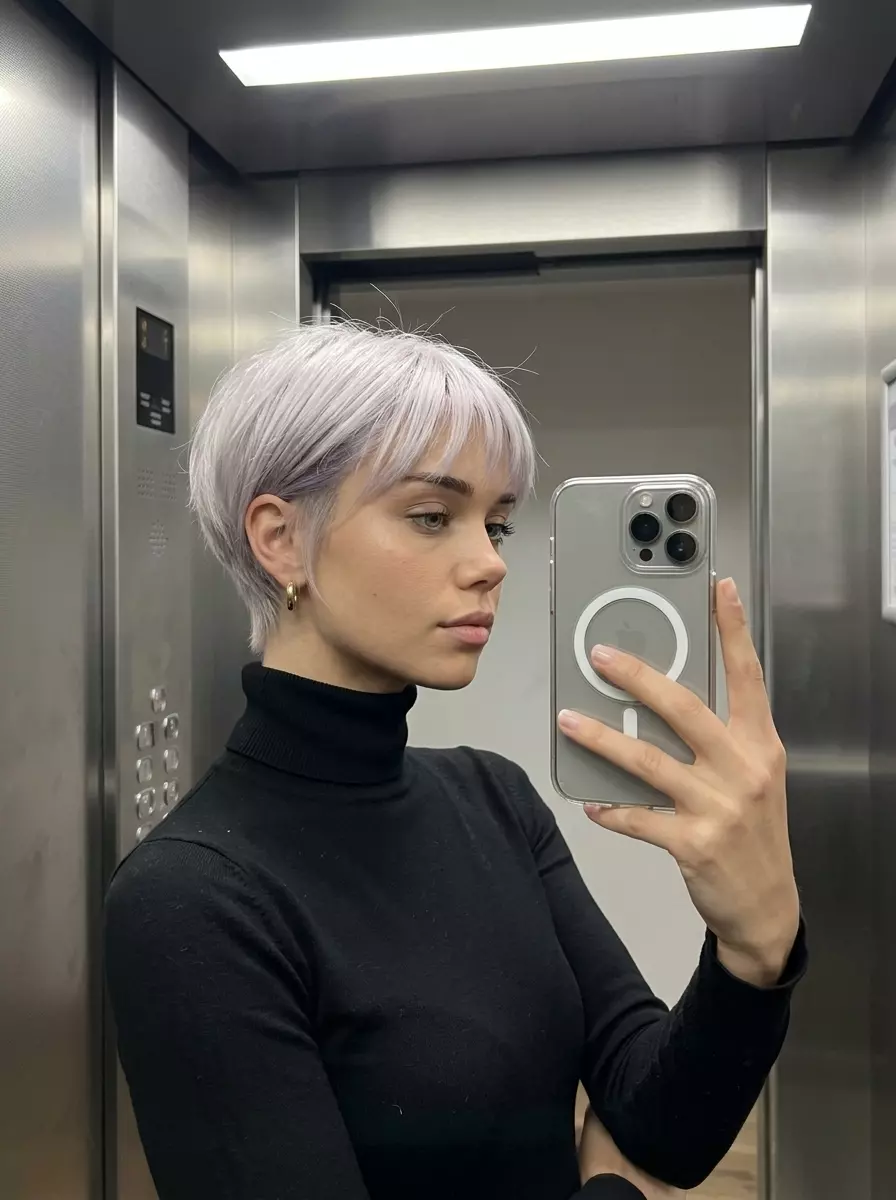 short platinum pixie haircut with violet-ash tone and micro-fringe for edgy look
