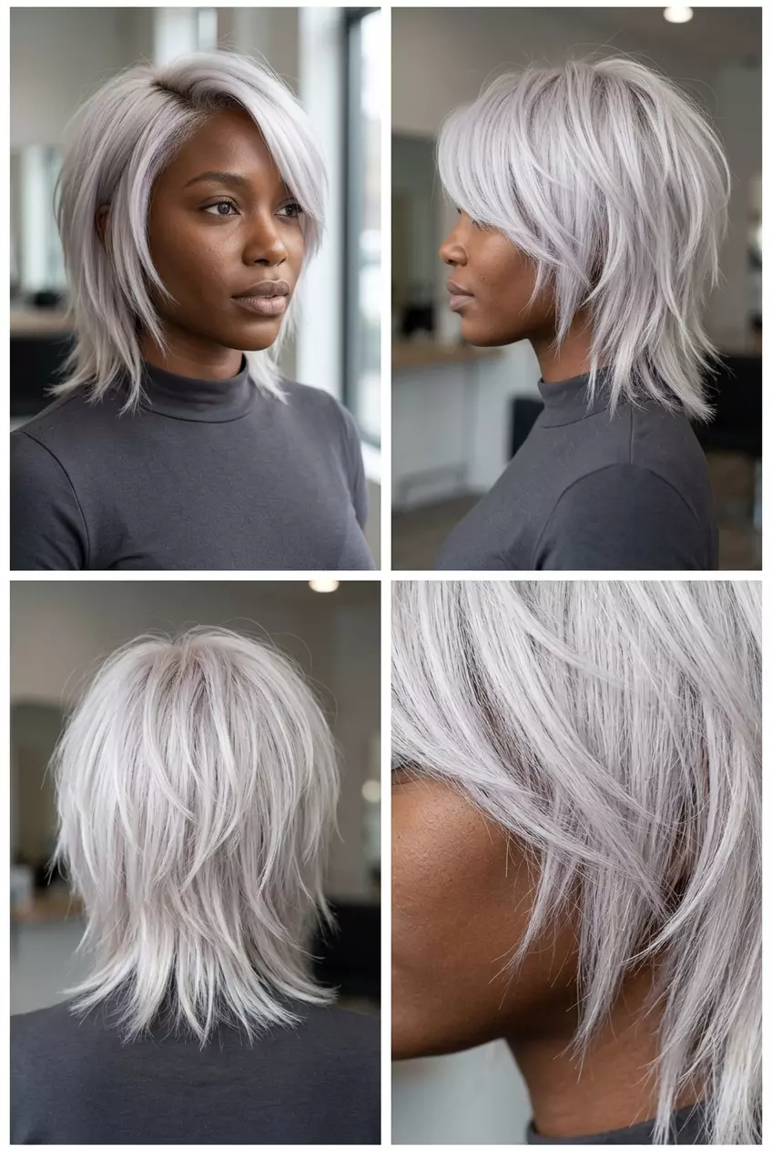 Bold Platinum Shag Haircut 2026: Chic & Edgy short-medium shag with icy platinum blonde and silver-violet toner, choppy layers, deep side part — chic, minimalist