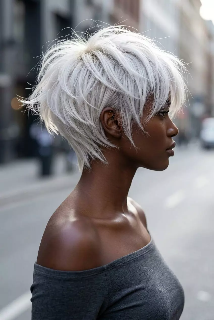 very short platinum blonde pixie with ghost layers and spiky texture for modern edge