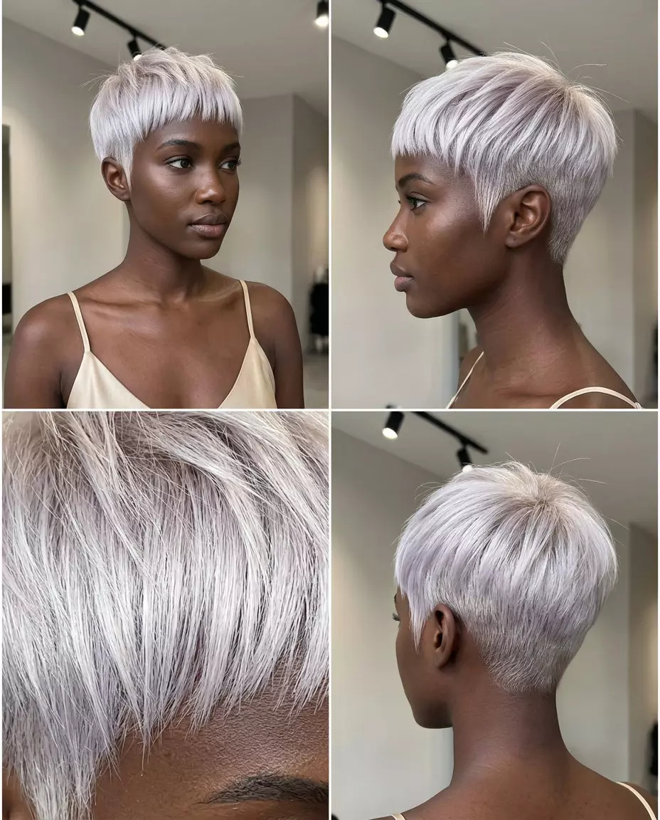 Arctic Edge Platinum Pixie Haircut very short razor-cut pixie with micro-fringe in icy platinum blonde — bold & edgy