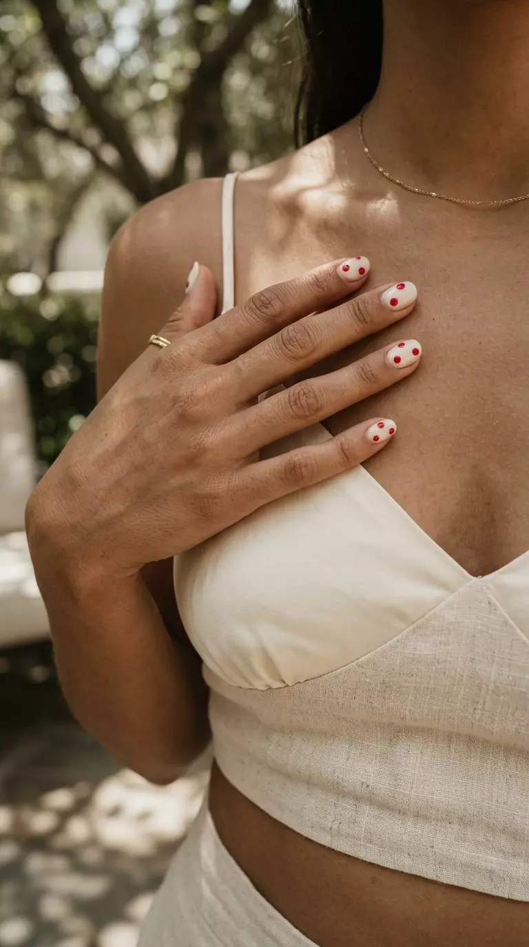 Polka Dot Strawberry Seeds nails: Cute milky white with glossy red dots.