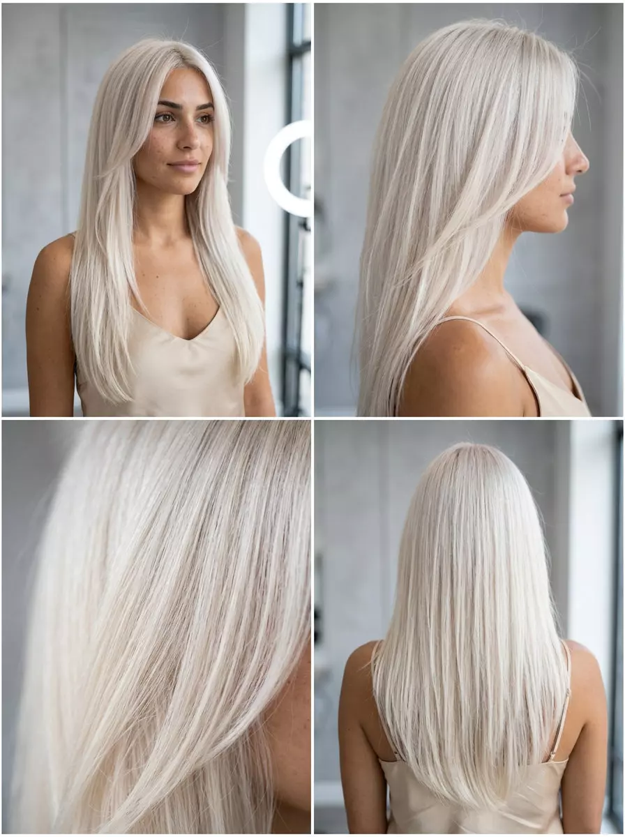 extra-long haircut in powdery vanilla blonde with face-framing layers for summer