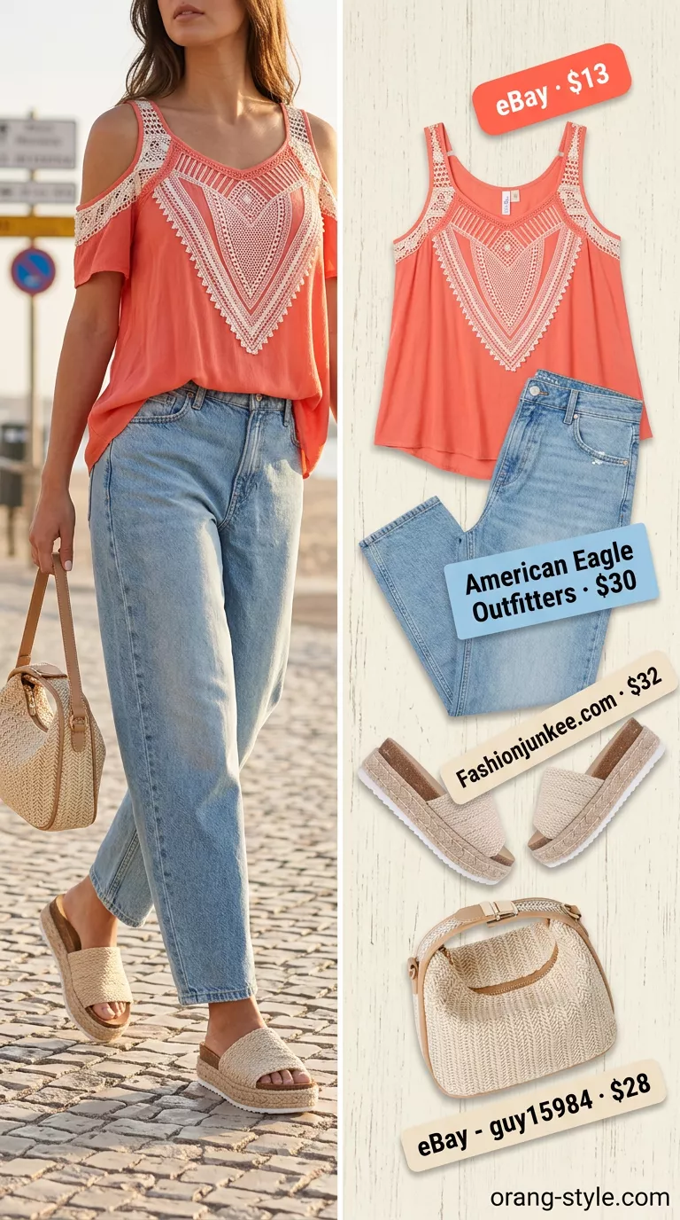 Summer barrel leg jeans outfits for women 2026: Light wash jeans with coral crochet top, espadrilles, and straw crossbody.